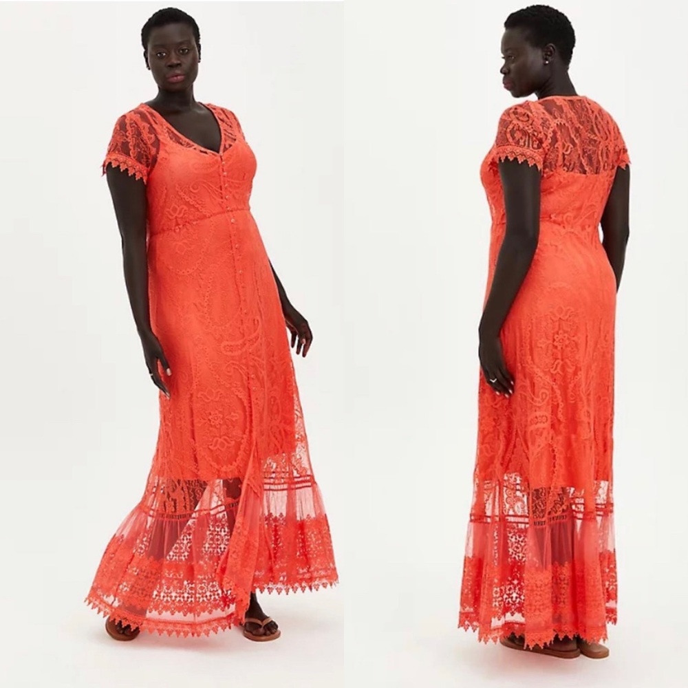 Torrid Coral Lace Button Front Skater Maxi Dress